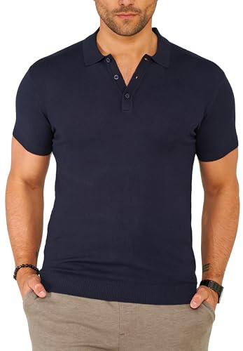 Soulstar Herren Basic Strick Poloshirt Kurzarm T-Shirt Polo-Hemd Knit Oberteil mit Knopfleiste Strick-Polo Golf-Polo Tennis-Polo S2_KP-100-Navy-S