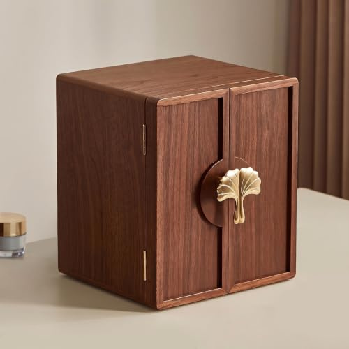 Homruilink Wooden Jewellery Box, 5 Layer, Black Walnut, 7.9x8.7x10.0in | Large Jewellery Organiser for Women, Brass Handle, For Necklaces Rings Earrings Watches Storage, Gift for Her