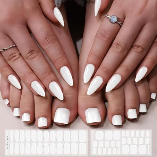 EBANKU 52pcs Semi-Cured Gel Nail Strips Set - Long Lasting Salon Nails for Toes, Includes Nail File & Stick (White)