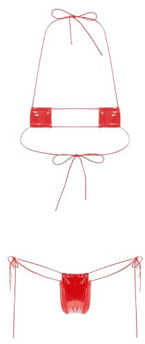 Aiihoo Damen Micro Bikini Set Mini Lackleder BH Bra Bustier + Leder Optik String Tanga Wetlook Dessous Set Triangel Badeanzug Bademode Type A Rot Einheitsgröße