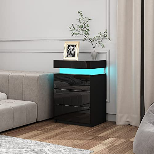 Ikewaier Moderner Hochglanz Nachttisch Schrank Kommode mit 3 Schubladen Schlafzimmer Beistelltisch Nachttisch mit 16 Farben RGB LED Lichter Möbel Dekoration 45x35x67cm (Schwarz)