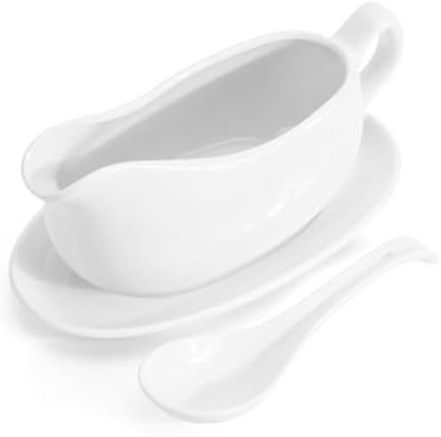 BEAHING Ceramic Gravy Boat Set with Saucer & Depth Spoon, Drip-Free Spout, 200ml, White, Contemporary Style, Serveware - Gravy Boat