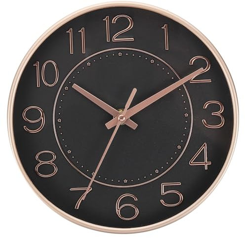 PATIKIL 8 Inch Wall Clocks, Quartz Battery Operated Silent Non-Ticking 3D Numbers Round Wall Clocks Decorative for Office Bedroom Living Room, Rose Gold/Black, Style 1
