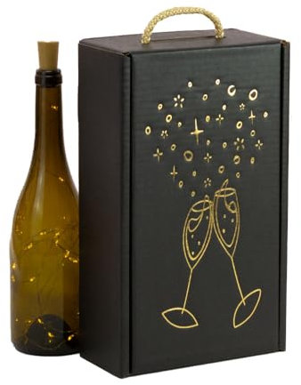 Cajas para 2 Botellas de Vino Cava Regalo cartón - Pack 4 Unidades Elegante Estuche para 2 Botellas con Asa, Cartón Reciclado, Impresión Copas en Color Dorado