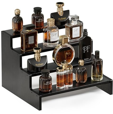 ProCase Organizador de Colonia de Madera para Hombres, Expositor de Perfumes de 4 Niveles, Soporte para Fragancias, Velas, Cosméticos y Figuras, Estante para Perfumes y Accesorios - Negro