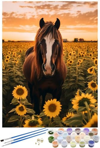 Peinture Numero Adulte cheval, tournesol Peinture par Numero Adulte avec Cadre 80x100cm, 5D DIY Paint by Numbers avec 3 Pinceaux et Peintures Acryliques, Decoration Chambre Maison, Cadeau Femme -2188
