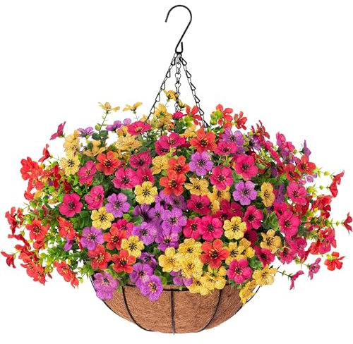 Orgrimmar Panier de fleurs artificielles à suspendre pour extérieur, fausses plantes suspendues, résistantes aux UV, fleurs réalistes en soie eucalyptus dans des paniers doublés en noix de coco pour