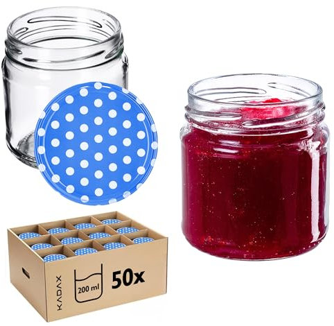 KADAX Set de 50 tarros de 200 ml con tapa de rosca Ø 66 mm: tarros de postre de paredes gruesas, herméticos, aptos para lavavajillas, ideales para mermeladas y conservas.