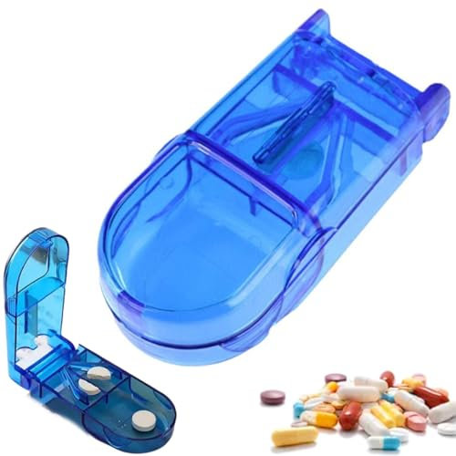 Pill Cutter, Portable Tablet Cutter with Blade and Storage Compartment 2-in-1 Pill Splitter Pill Case Half Quarter for Small or Large Pills (Blue)