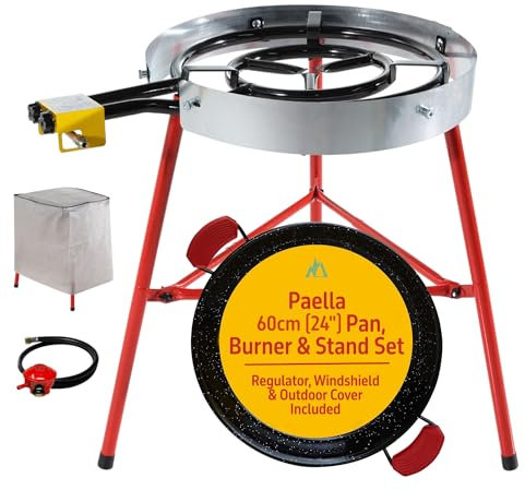 Camp&Fire Paella Pan Cooking Set | 20 Servings (60cm) | Gas Burner & Tripod Stand Full Set | Enamelled Steel Paella Pan with Windshield, Regulator, Gas Hose & Outdoor Cover.