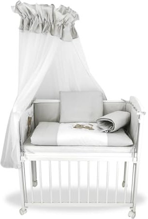 Babyhafen Beistellbett Baby 3-in-1 Höhenverstellbar, 40x90 cm – Grau – Mit Matratze & Knuddelbärchen Design – Als Beistell-, Stuben- & Reisebett nutzbar (Grau)