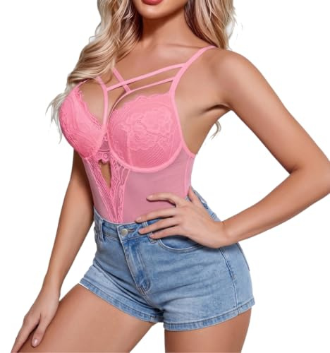 Femme Body Florale Transparent Sexy Collant en Maille, Bodysuit Lingerie Une Pièce Taille Haute Hot, Body String sous-Vêtements à Bretelles Spaghetti Maillot de Corps Noir S-XL