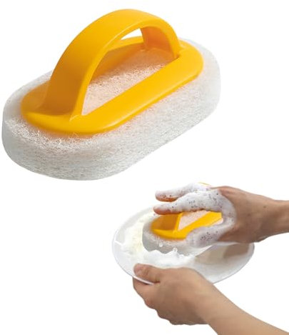 Confezione da 4 spugne abrasive con manico, resistenti e abrasive, riutilizzabili con manico, per piastrelle della doccia, vasca da bagno, lavandino (giallo)