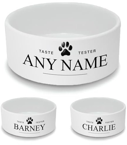 Personalised Ceramic Dog Bowl - Large White Pet Food Dish with Taste Tester Design - Custom Name Dog Bowl 18cm Wide x 7cm Deep - Ideal for Medium to Large Dogs