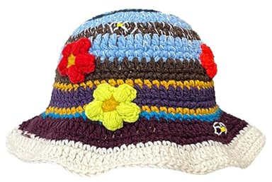 Häkelhut für Damen, Strickmütze, handgefertigt, faltbar, Schlapphut, modisch, niedlich, gestreift, Blumenmuster, Fischerhut, Geburtstag, Strandhut, braun, M