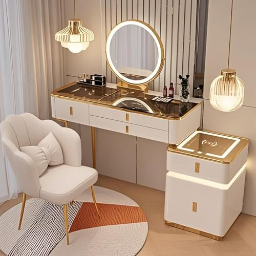 JIANRUI Dressing Table and chair Set with LED Lights, 3-Colour Dimmable Vanity Desk with 5 Drawers Makeup Desk Charging Station for Bedroom (White gold, 100cm)