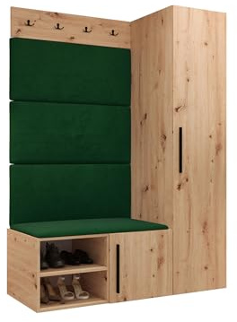 Mirjan24 Garderoben-Set Mapreni II, Schuhschrank + Kleiderhakenbrett + Kleiderschrank Gepolstertes Paneel/Wandpaneel Kleiderhaken Flurgarderobe Wandgarderobe (Artisan Eiche, Manila 35)