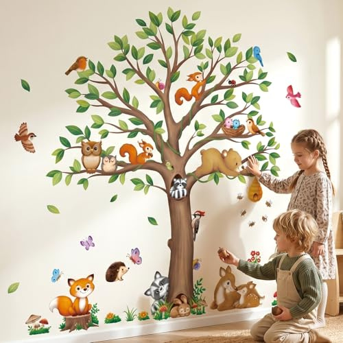 DECOWALL Large Woodland Animals Tree Wall Stickers Decals (SG4-2510) | Peel-and-stick nursery décor with squirrels, owls, rabbits, fox, raccoon and birds; removable and repositionable