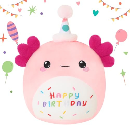 SQEQE Happy Birthday Stuffed Animal Axolotl Plush Pillow Cute Plushies Soft Toys for Kid Girl Boy 35CM