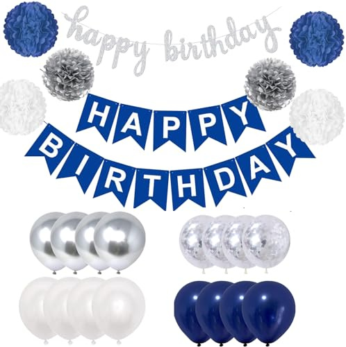 Luftballons Geburtstag Dekoration, Blau Silber Geburtstagsdeko, Happy Birthday Deko Banner, Pompons, Dreieck Flagge, Luftballons Konfetti Ballons für Geburtstagsdeko Männer Frau