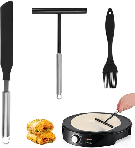 3 Stück Crepes Verteiler Set, T- Form Crepes Wender, Spatel, Kochpinsel | Silikon Crepe Wender Teigverteiler, Edelstahl Teigverteiler für Crepes, Crepe Verteiler Pfannkuchen Eierkuchen