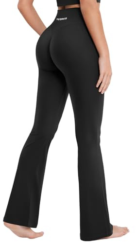 YEOREO Damen Flare Leggings Invisible Scrunch Butt Sports Leggings Hohe Taille Leicht Schlaghose Workout Yogahose Lang Push Up Blickdicht Sporthose Schwarz XL Lang