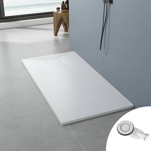 AQUABATOS SMC Duschwanne 160x80 cm Weiß Eckig Quadratisch Duschtasse Duschbecken Brausewanne Brausetasse Rutschfest Bodengleich Ebenerdig Steinoptik Schieferoptik mit Siphon/Ablaufgarnitur