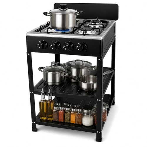 Cucina a Gas GPL da Esterno con 4 Fuochi e 2 Ripiani, Cucinotto Portatile in Acciaio con Paravento e Piedini Antiscivolo per Giardino, Patio, Balcone e Campeggio