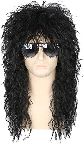Topcosplay Herren 80er Jahre Vokuhila Perücke Rocker Punk Popstar Perücke Schwarz Lange Lockig Mullet Perücke für Halloween Kostüm Fasching Karneval
