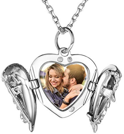 Custom4U Anpassbare Bilder Medaillon Amulett Halskette mit Herz-Flügel-Fotobox S925 Silber Foto Medaillon Herzanhänger zum Öffnen mit Motiven-Gravur in Weißgold mit 41cm Kette für Paar Pärchen