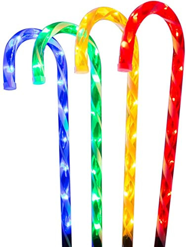 The Christmas Workshop 78610 Multi-Coloured Outdoor Christmas Candy Cane Decorations | 64cm Tall Stake 4 Pack | 40 LED Light Bulbs
