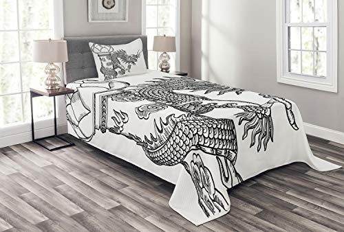 ABAKUHAUS Drachen Tagesdecke Set, Chinesische heilige Kreatur, Set mit Kissenbezügen Sommerdecke, für Einzelbetten 170 x 220 cm, Weiß Schwarz