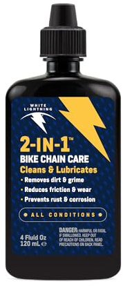 White Lightning 2-in-1 Bike Lubricant and Degreaser – Cleans, Lubricates & Protects Bicycle Chains and Gears, Reduces Friction, Rust Prevention, 4 Fl Oz