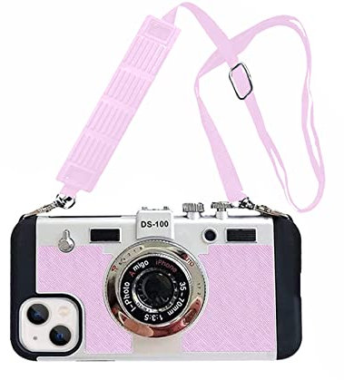 SGVAHY Emily in Paris Phone Case for iPhone 12 Pro Case 3D Vintage Camera Design Soft Silicone iPhone Case with Lanyard Long Removable Shockproof Protective Case Cover for Girls Women, Pink