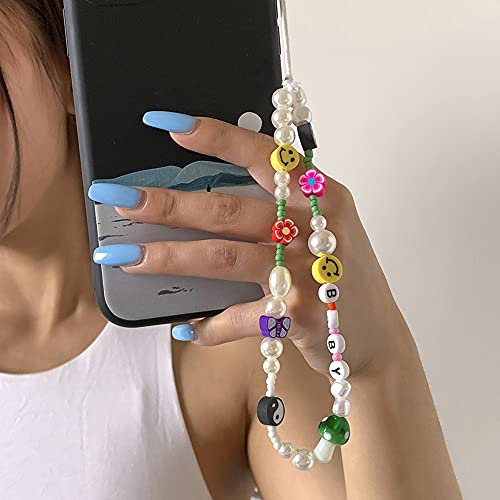 Handykette Perlen Handyanhänger,Böhmische Perlen Handschlaufe für Telefon,Lächeln Frucht Perlen Anti-Verlorene Handykette Telefon Charm Strap Anhänger Schlüsselband Kette Mobile Phone Handy-Schmuck