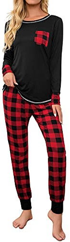 Fuakesor Damen Schlafanzug Lang Pyjama Set Herbst Winter Nachtwäsche Zweiteiliger Sleepwear Soft Loungewear Hausanzug mit Karierte Hose (Rot schwarz, Medium)