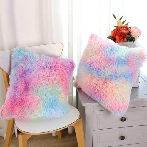 Yanyan Kissenbezüge, doppelseitig, flauschiges Plüschkissen, weiches Kunstfell, Überwurf für Wohnzimmer, Sofa, Schlafzimmer, Regenbogen Büro, 40 x 40 cm, 2 Stück
