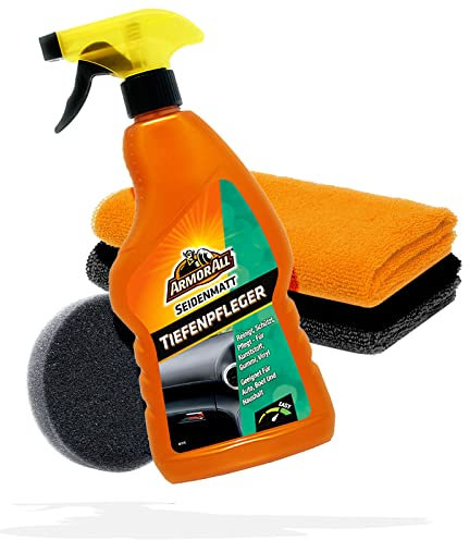 detailmate Auto Cockpitpflege Bundle: Armor All Kunststoff Tiefenpfleger seidenmatt 500ml + 2X Microfasertuch Premium Applikatorpad Ø90mm | Kunststoffpflege Auto Innenraum