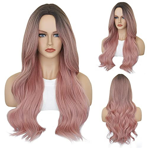 Salomezklm Lange lockige Perücke Weiße Ombre Rosa Perücke Synthetische Rosa Wurzel Natur Rosa Perücke mit Pony Natürliche Überschrift Hitzebeständig für Frauen Party Cosplay Kostüm 24Zoll