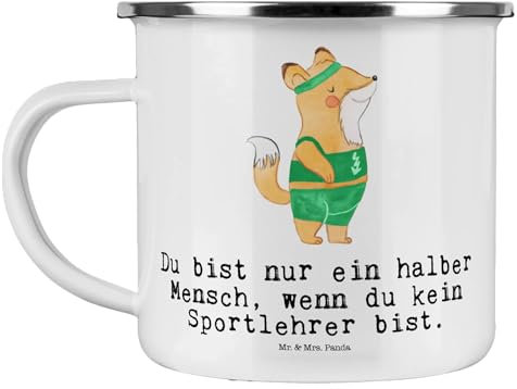 Mr. & Mrs. Panda Camping Emaille Tasse Sportlehrer Herz - Geschenk, Mitarbeiter, Kaffee Blechtasse, Firma, Danke, Dankeschön, Campingtassen, Outdoor