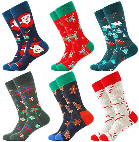 Chaussettes de Noël Homme Femme 6 pairs Christmas Socks Coton Cadeau de Noël Bonhomme en Pain D'épice Renne du Père Noël Chaussettes Multicolores 39-46 (6 paare-xmas2)