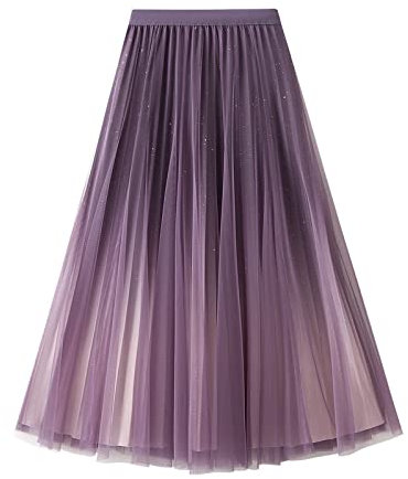 Tafutaanga Lange Faltenröcke Für Frauen - Sternenhimmel Farbverlauf Gaze Rock Faltenrock Langer Rock Mesh Swing Rock Für Damen Herbst Und Winter A-Linie Midi Mädchen Party Großer Rock,Lila,Einheit