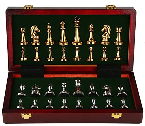 Schachbrett Professionelle Schachfiguren Internationales Metall 30 * 30 cm Klapptischspiele mit Holzkiste und Aldult-Geschenkverzierungen Schachspiel (Color : Gold Silver) (Gold Silver) marriage