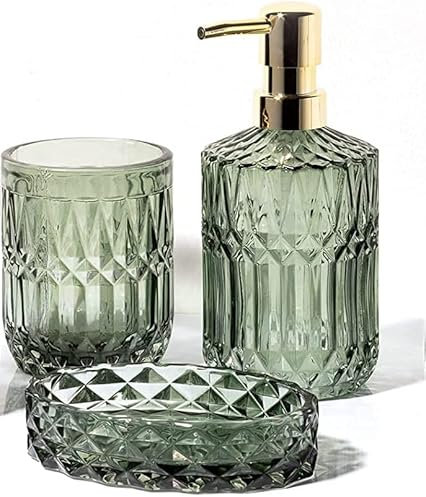 EMPO 3-teiliges Badezimmer-Zubehör-Set aus Glas (Lotion-Seifenspender, Seifenschale, Zahnbürstenhalter, Becher, Wattestäbchenglas), Modernes Dekor, Kristallklares Vintage-Geschenk (3 Stück Grün)