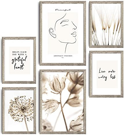 decomonkey | 6er Poster Set mit hellbraunem Rahmen | Boho Abstrakt | 4 x DIN A4 & 2 x DIN A3 | Wohnzimmer Schlafzimmer Wandposter Blider Collage Modern Wanddeko Kunstposter Blumen Natur Sprüche