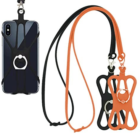 Handy Umhängeband, 2 Stück Handyanhänger, Handykette Universal, Silikon Hülle mit Handyband, Geeignet für Smartphones von 4-6,5 Zoll (Schwarz,Orange)