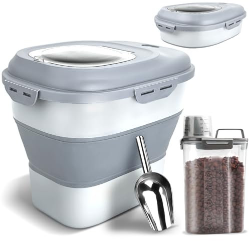 TIOVERY Contenedor plegable de almacenamiento de alimentos para perros, hermético, plegable, contenedor de almacenamiento de alimentos para mascotas con tapa abatible, ruedas, cuchara, taza medidora,