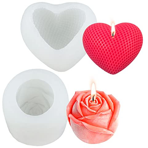 2 Stück Kerzenform Rosen Herz Kerzenformen zum Gießen 3D Silikonform Herz DIY Blumen Kerzen Formen Silikon Liebe Rose Kerzengießformen für Kerze Seifen Fondant Schokoladen Mousse Kuchen Dekoration