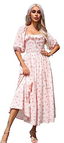 R.Vivimos Women's Square Neck Floral Slim Fit Half Sleeve Dresses Cottagecore Long Midi Dress(Large,Pink#1-Floral)