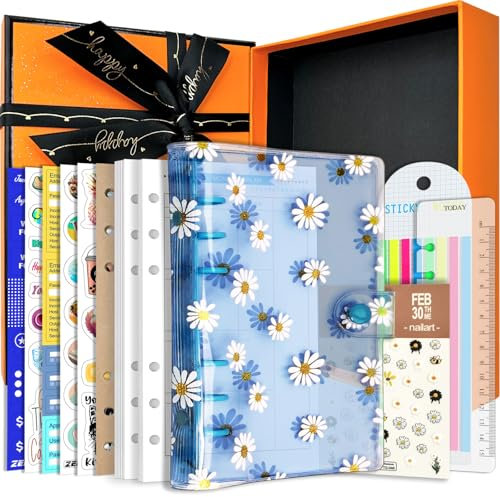 A6/A5 6 Löcher, bunter PVC-Einband, runder Ringordner mit Schnappverschluss, Loseblattordner, persönlicher Organizer (Blue Daisy, A6 Gift Box)